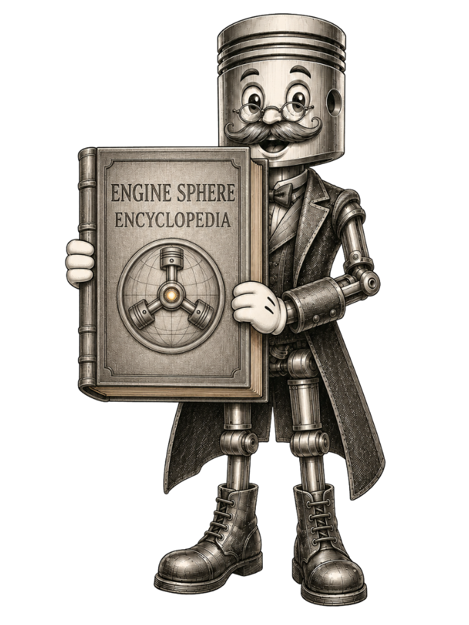 Mr. Piston, holding the Engine Sphere Encyclopedia